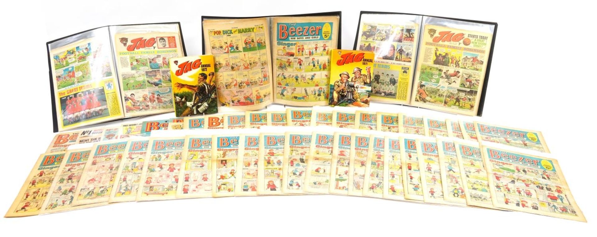 Collection of vintage Beezer and Jag comics arranged in folders and two annuals For further