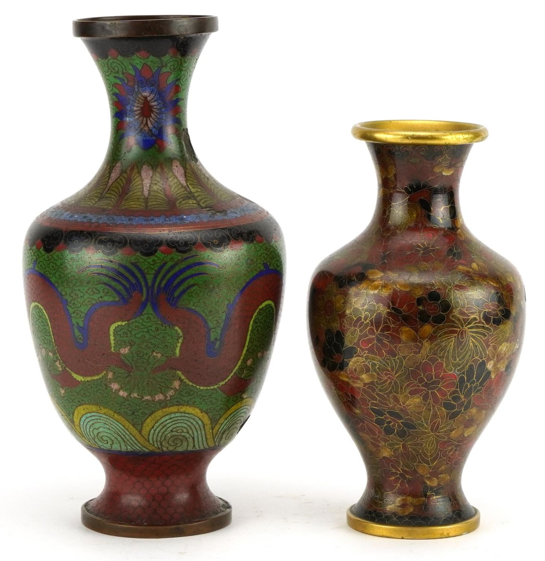 Two Chinese cloisonne vases including one enamelled with two dragons chasing the flaming pearl, - Image 2 of 3