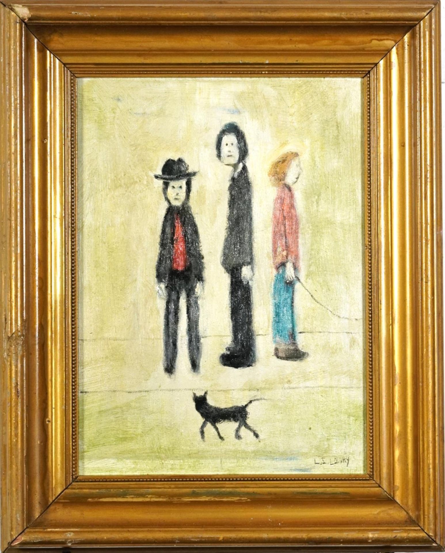 Manner of Laurence Stephen Lowry - Three figures and a dog, Manchester school oil on board, - Image 2 of 5