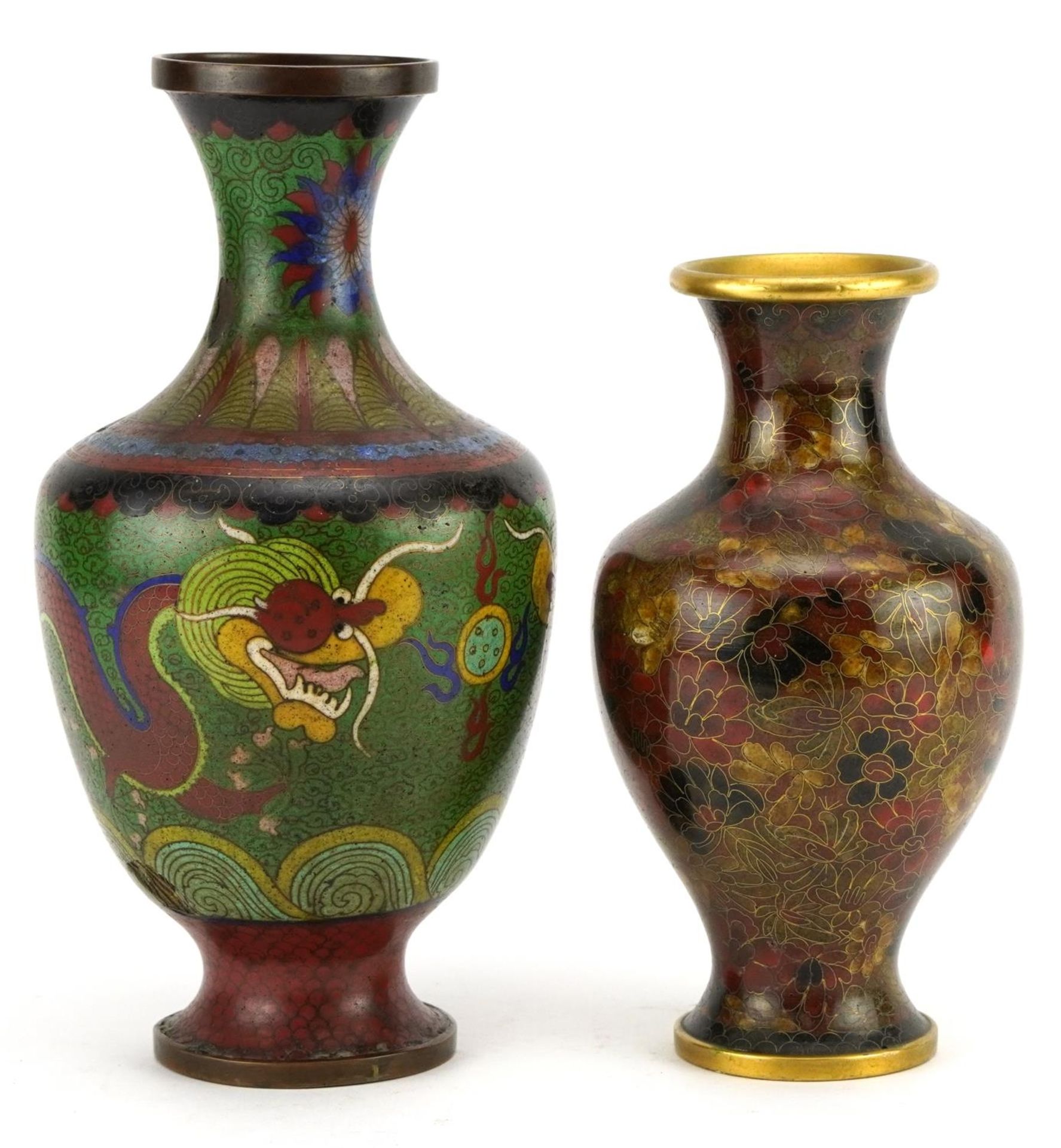 Two Chinese cloisonne vases including one enamelled with two dragons chasing the flaming pearl,