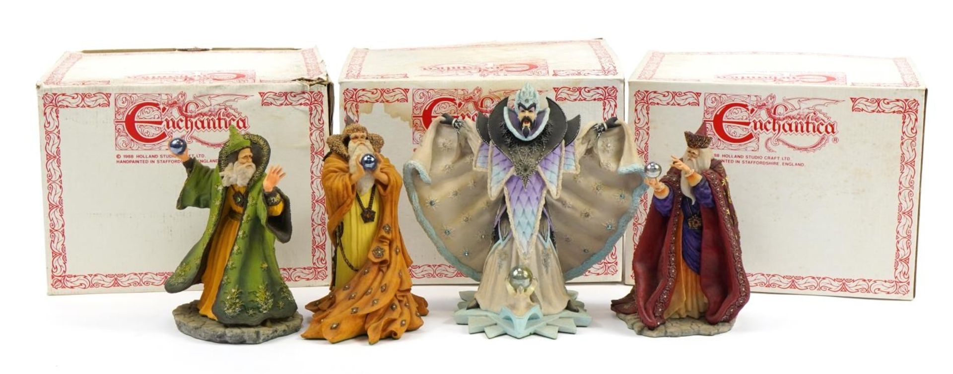 Set of four Enchantica Four Seasons Wizards by Holland Studio Craft with certificates, three with