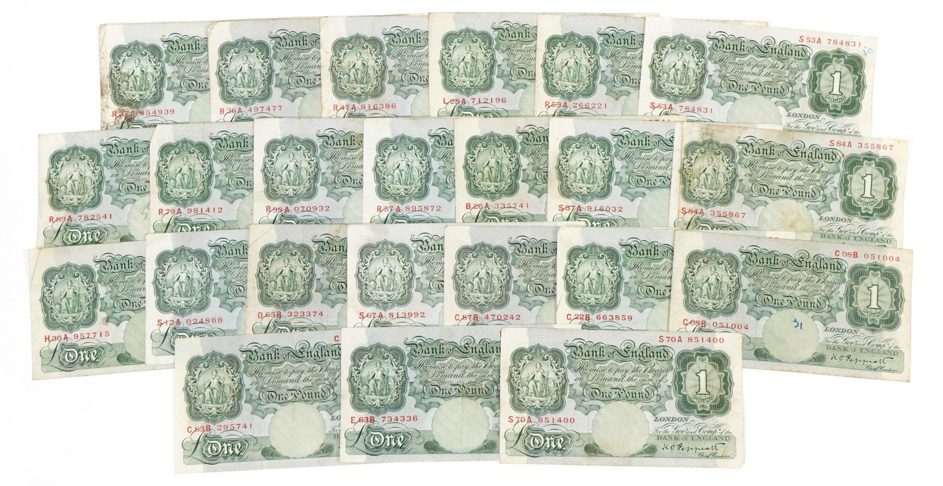 Twenty three Bank of England one pound notes, each Chief Cashier K O Peppiatt, various serial