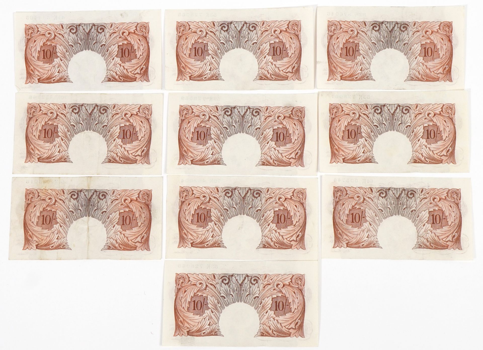 Ten Bank of England ten shilling notes, each Chief Cashier K O Peppiatt, various serial numbers - Image 3 of 3