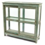 Industrial style display case with sliding glass doors, 121cm H x 124cm W x 38.5cm D For further