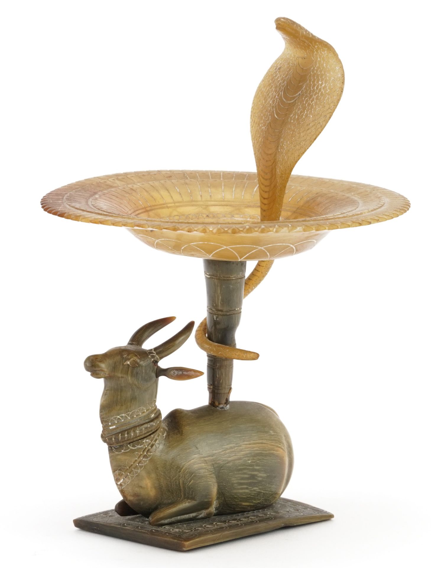Indian horn pedestal dish carved with a water buffalo and cobra, signed to the base, overall 19cm