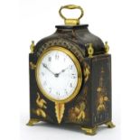 Early 20th century lacquered mantle clock decorated in the chinoiserie manner with birds, the