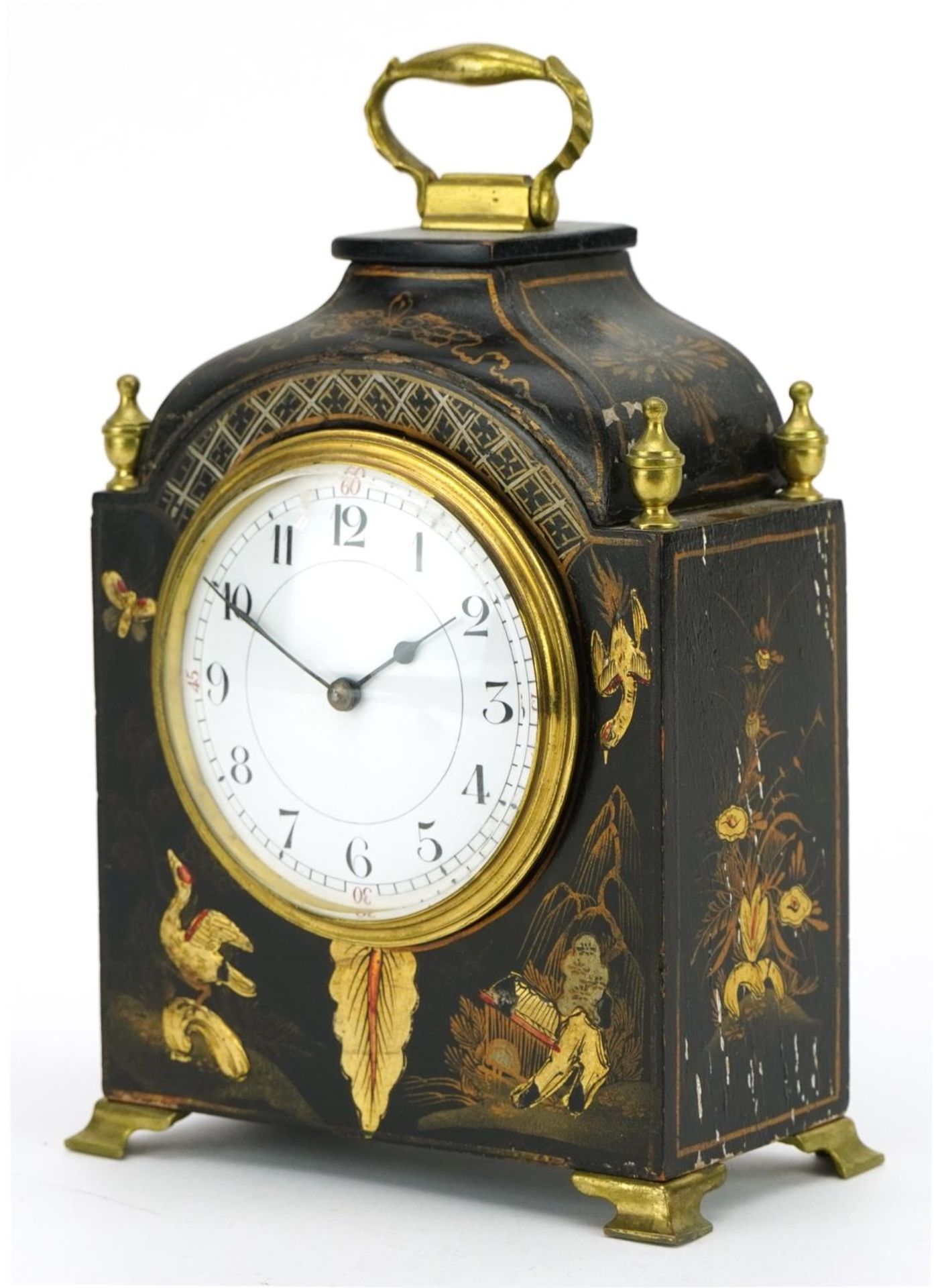 Early 20th century lacquered mantle clock decorated in the chinoiserie manner with birds, the