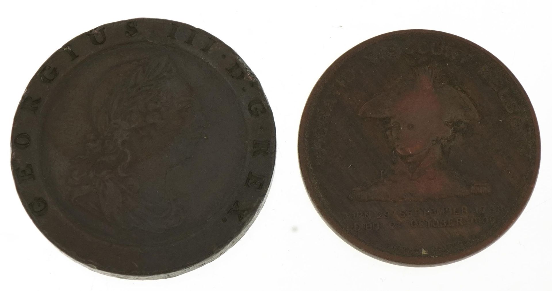 George III 1797 Cartwheel penny and a medal relating to Horatio Nelson commemorating HMS