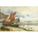 J F Anderson '91 - Coastal landscape with moored fishing boats before a lighthouse, late 19th