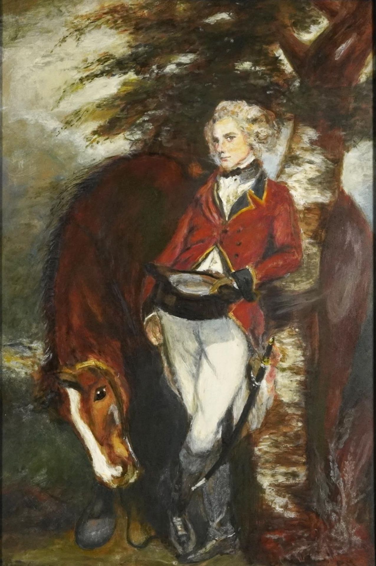 Gentleman wearing military dress beside a horse, oil on board, framed, 90cm x 60cm excluding the