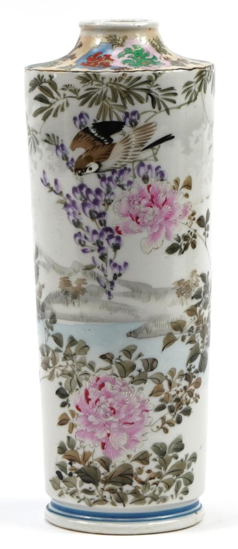 Japanese porcelain vase hand painted with birds amongst flowers before water, character marks to the