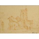 Edward Wesson - Figures before a church, watercolour wash, details verso, mounted, framed and