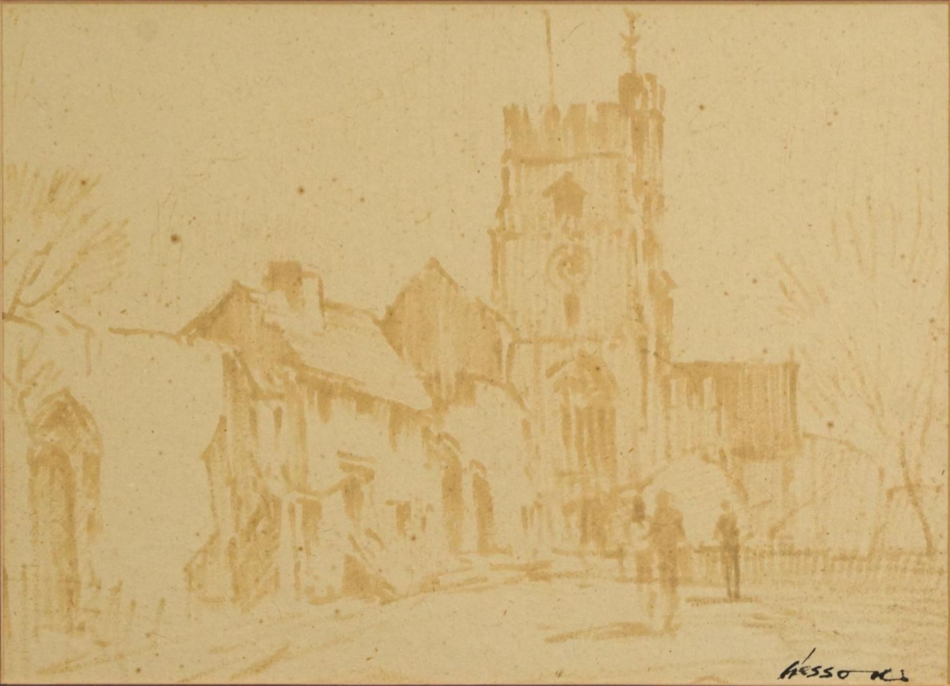 Edward Wesson - Figures before a church, watercolour wash, details verso, mounted, framed and