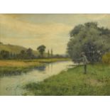 J C Halfpenny - Gentleman fly fishing beside a river, 19th century watercolour, framed and glazed,