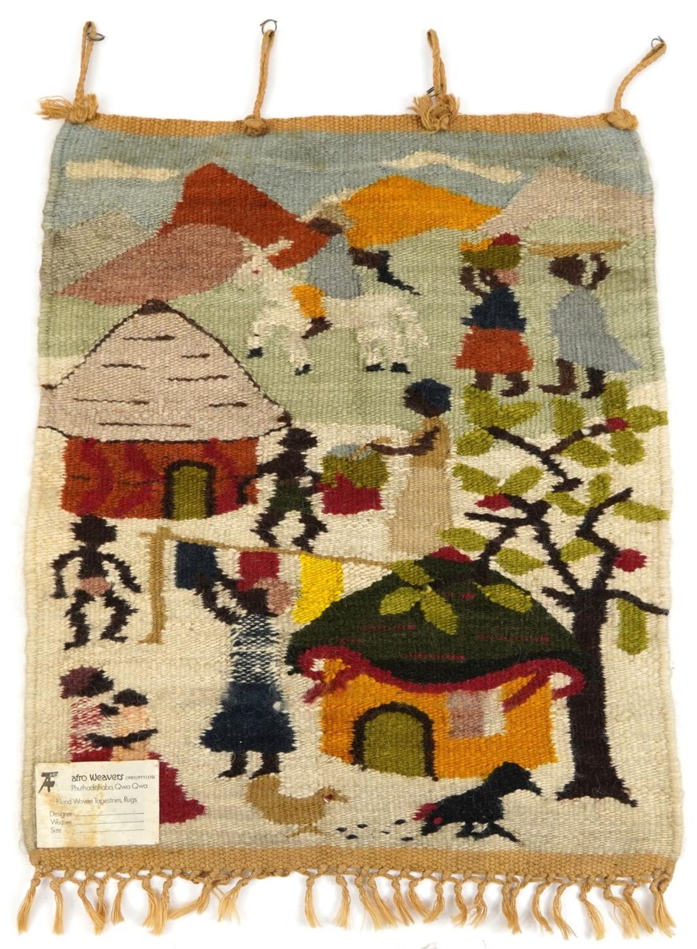 Afro Weavers hand woven wall hanging woven with a figure outside a cottage, 80cm x 62cm For - Image 3 of 4