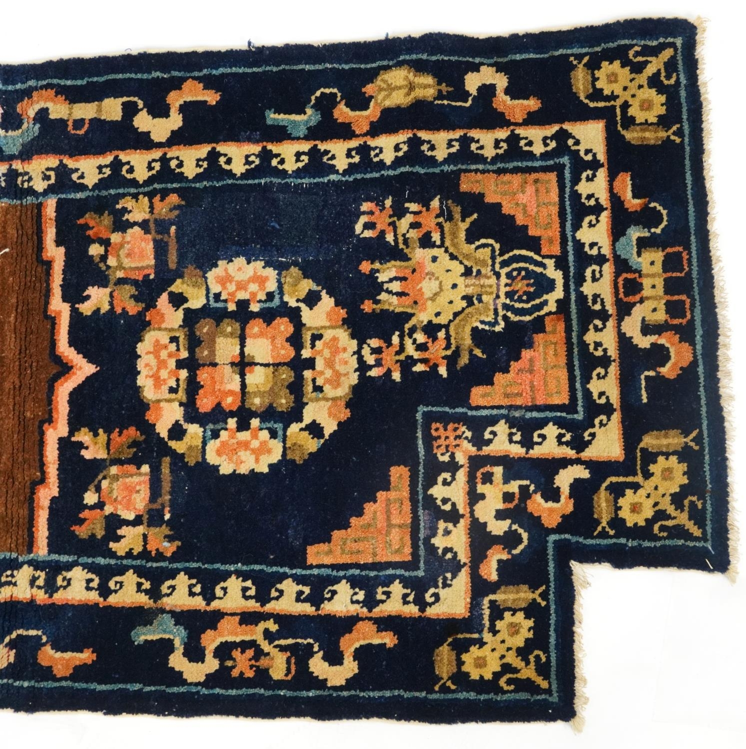 Chinese blue ground fireplace rug decorated with Daoist emblems and flowers, 120cm x 53cm For - Image 3 of 4