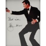 James Bond interest photograph of Roger Moore, signed in ink, framed and glazed, overall 32cm x 27cm