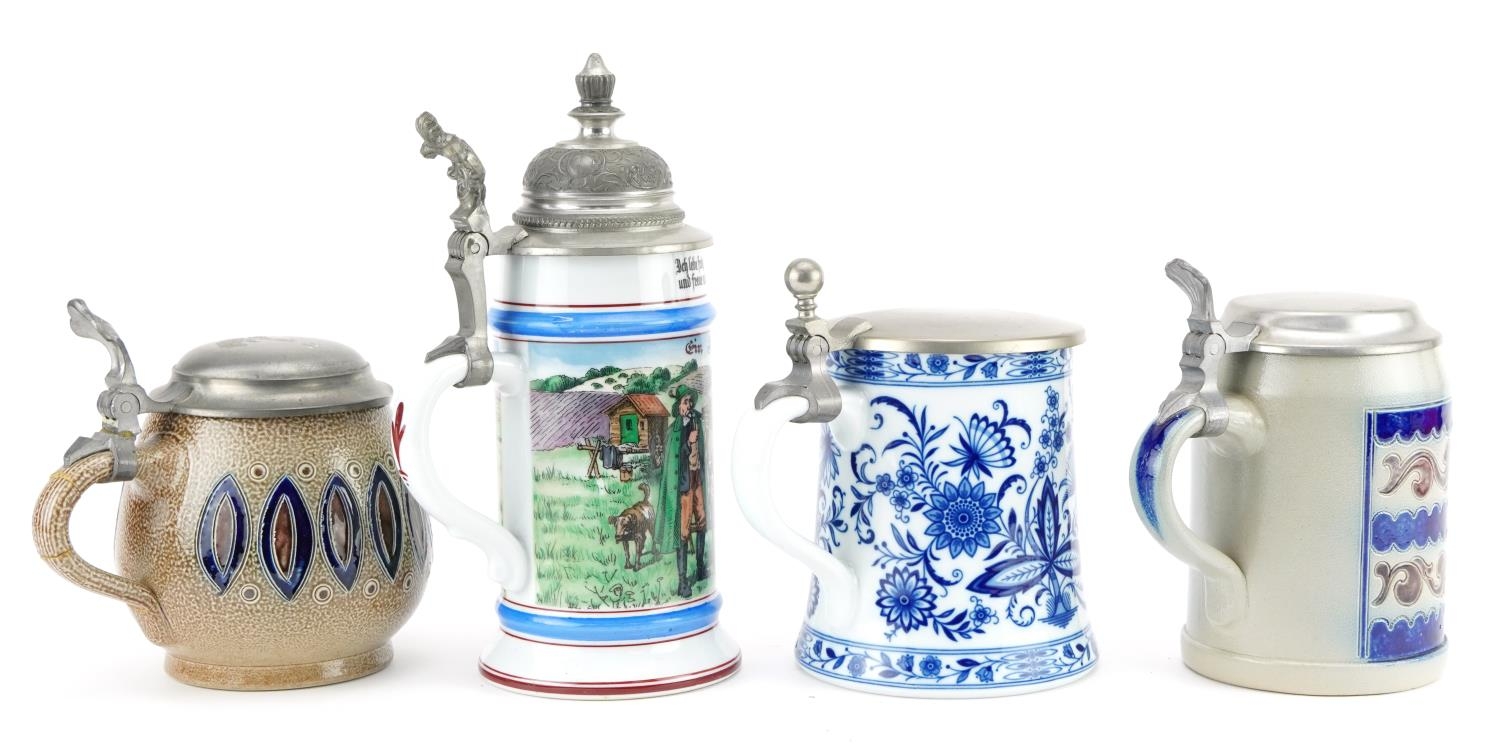 Four German beer steins including two Goebel and a blue and white KPM example, each with pewter - Image 2 of 4