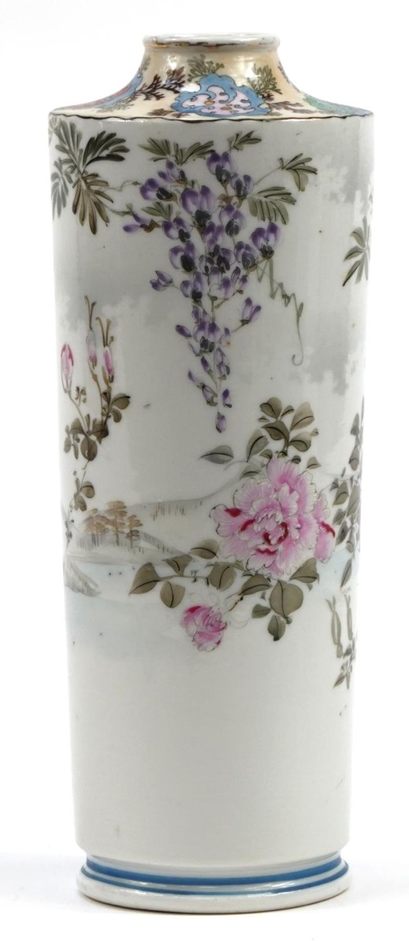 Japanese porcelain vase hand painted with birds amongst flowers before water, character marks to the - Image 2 of 4