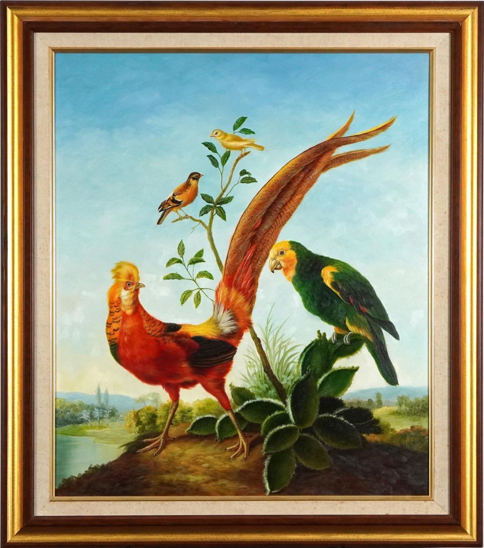 Birds of paradise before landscapes, pair of Old Master style oil on canvasses, each indistinctly - Image 7 of 9