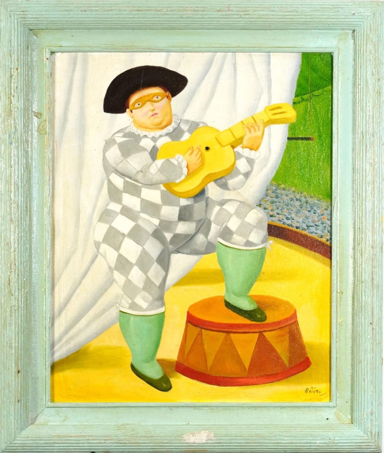 After Fernando Botero - Figure playing a guitar, Columbian school oil on board, mounted and - Image 2 of 4