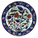 Turkish Ottoman Iznik pottery shallow charger hand painted with flowers, 36cm in diameter For