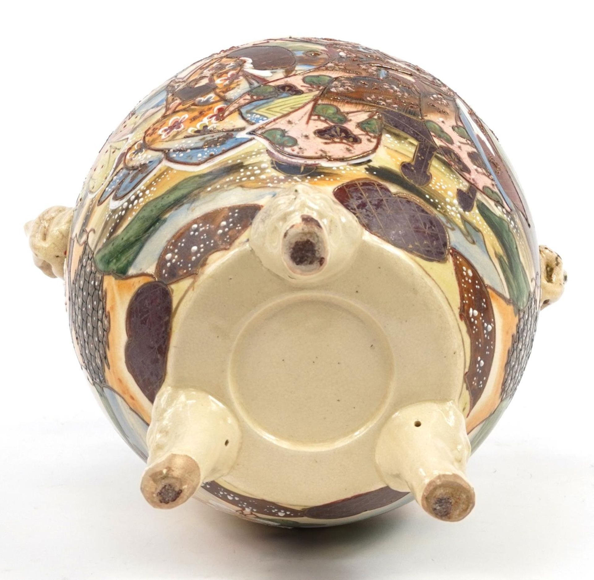 Large Japanese Satsuma pottery Koro and cover with twin handles hand painted with flowers, 49cm high - Image 3 of 3