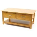 Contemporary light oak coffee table with two drawers and under tier, 50.5cm H x 110cm W x 59cm D For