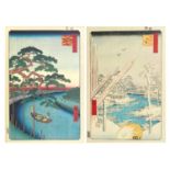 River landscapes with figures, pair of Japanese woodblock prints with character marks, mounted