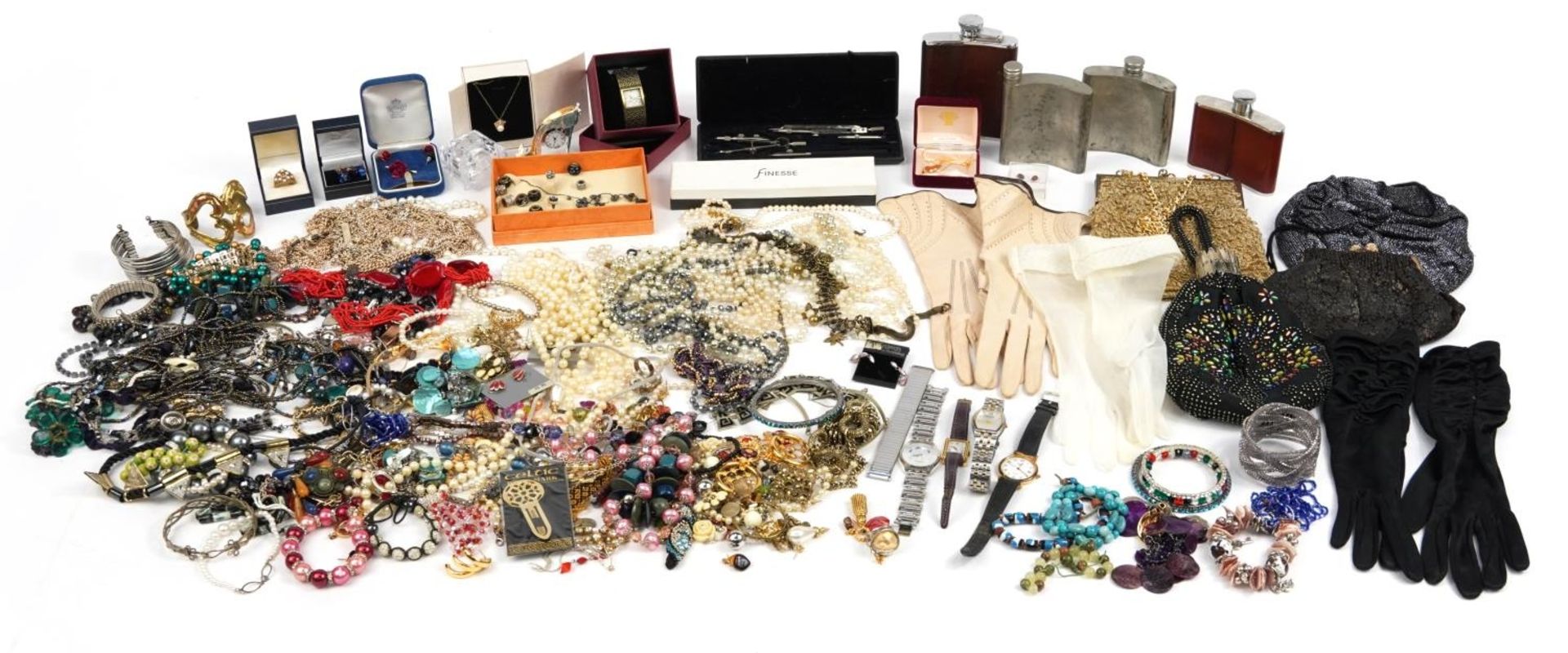 Vintage and later costume jewellery, wristwatches, clutch bags and hip flasks including necklaces,