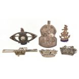 Five silver military interest sweetheart brooches and a silver ARP badge, some enamelled, the