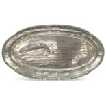 German Art Nouveau pewter serving tray decorated in low relief with fishes and stylised flowers,