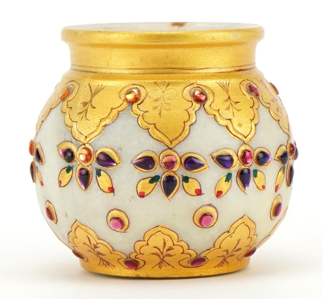 Egyptian style alabaster jewelled vase with gilded decoration, 8.5cm high For further information on