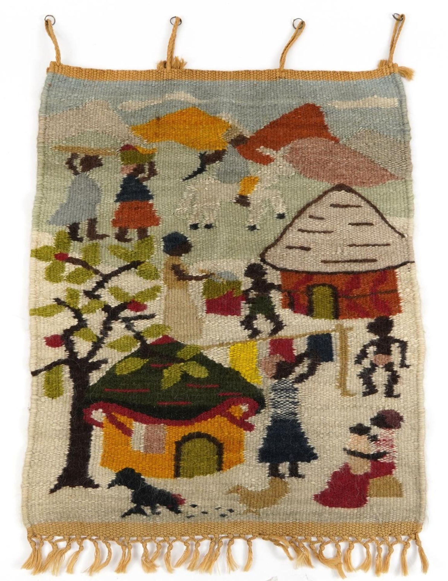 Afro Weavers hand woven wall hanging woven with a figure outside a cottage, 80cm x 62cm For