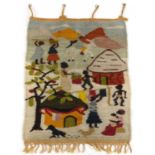 Afro Weavers hand woven wall hanging woven with a figure outside a cottage, 80cm x 62cm For