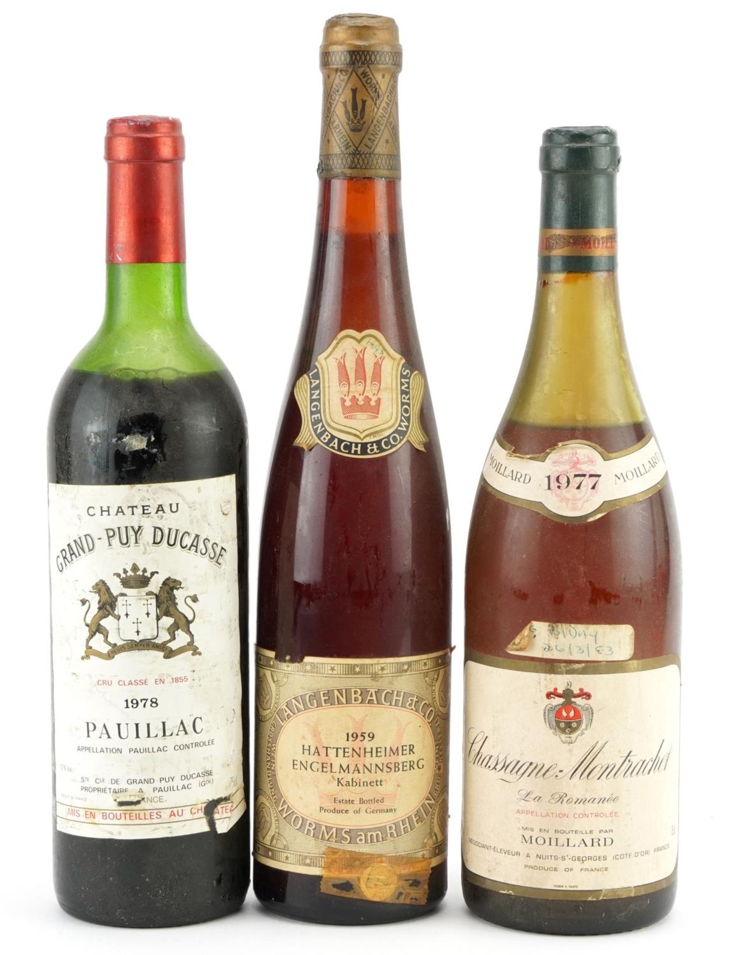 Three bottles of wine comprising bottle of 1978 Chateau Grand Puy Ducasse Pauillac, 1959