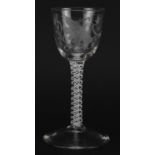 Eighteenth century wine glass with multiple opaque twist stem and Jacobite engraved bowl, 15cm
