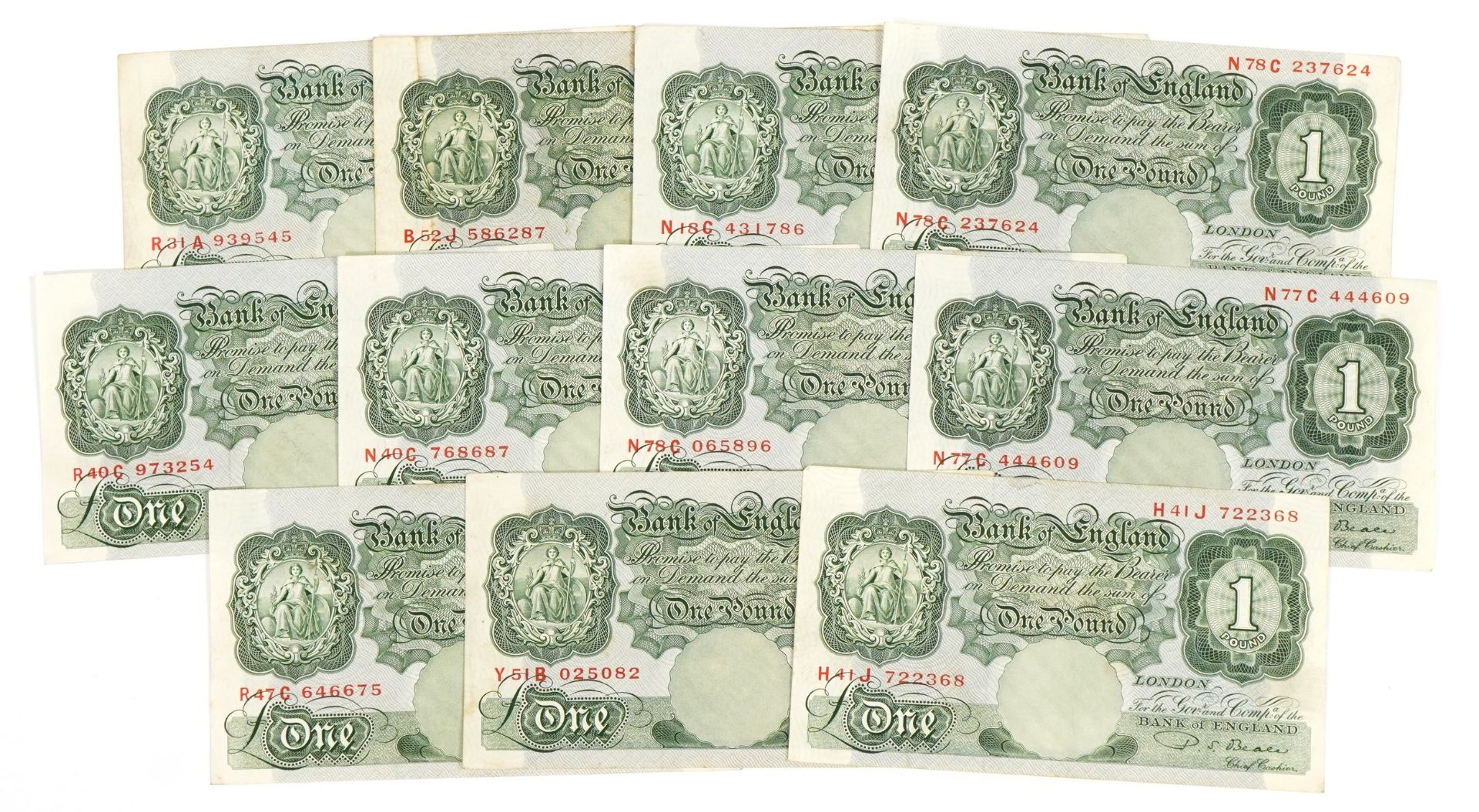 Eleven Bank of England one pound notes with Chief Cashier P S Beale, various serial numbers For