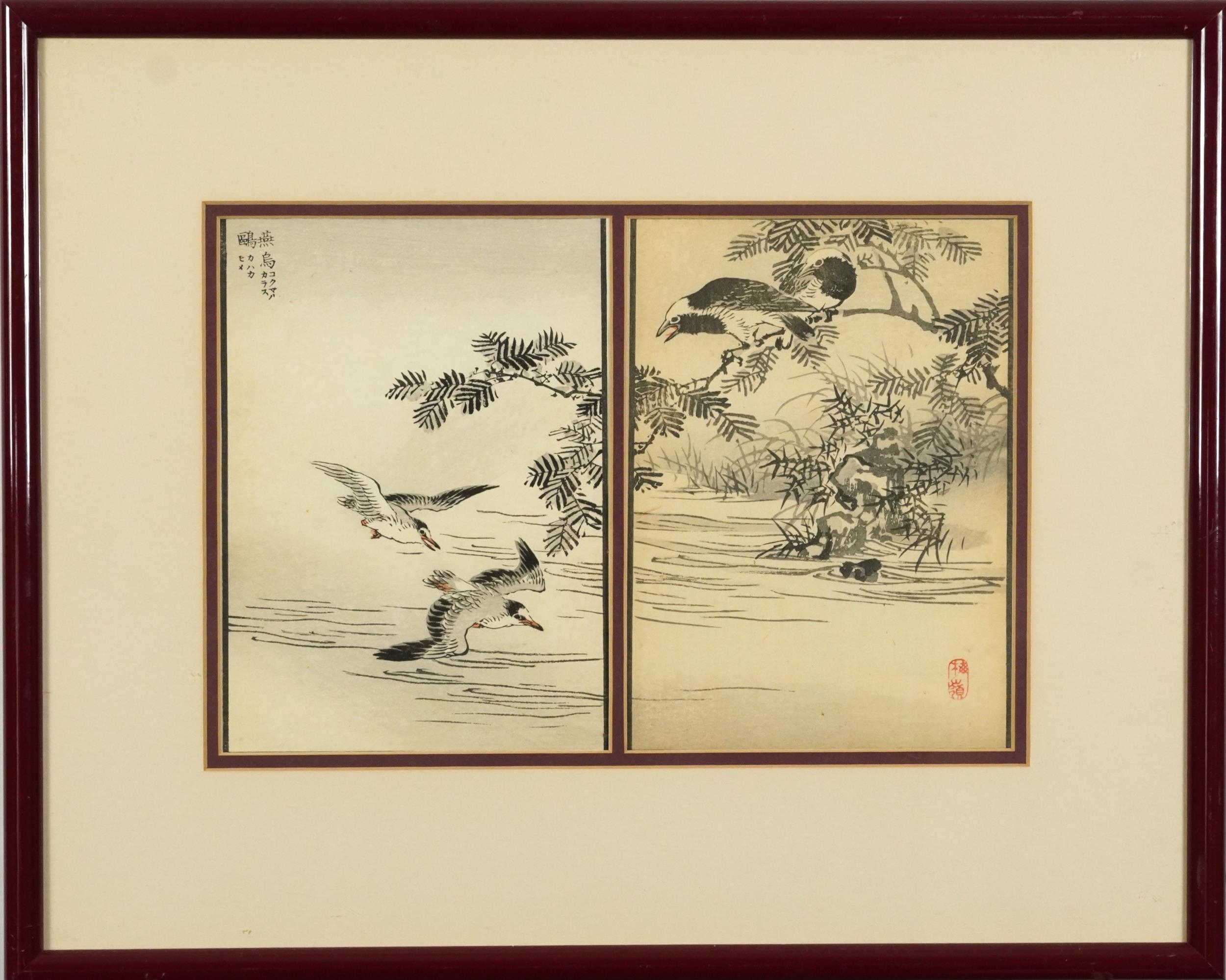 Kono Naotoyo Bairei - Birds in flight and birds above water, pair of Japanese woodblock prints - Image 2 of 6