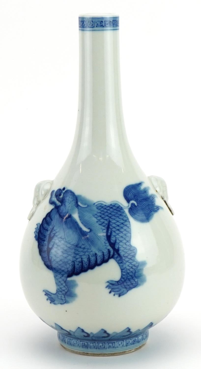 Chinese blue and white porcelain vase with animalia handles, hand painted with dogs of Foo, six - Image 2 of 3