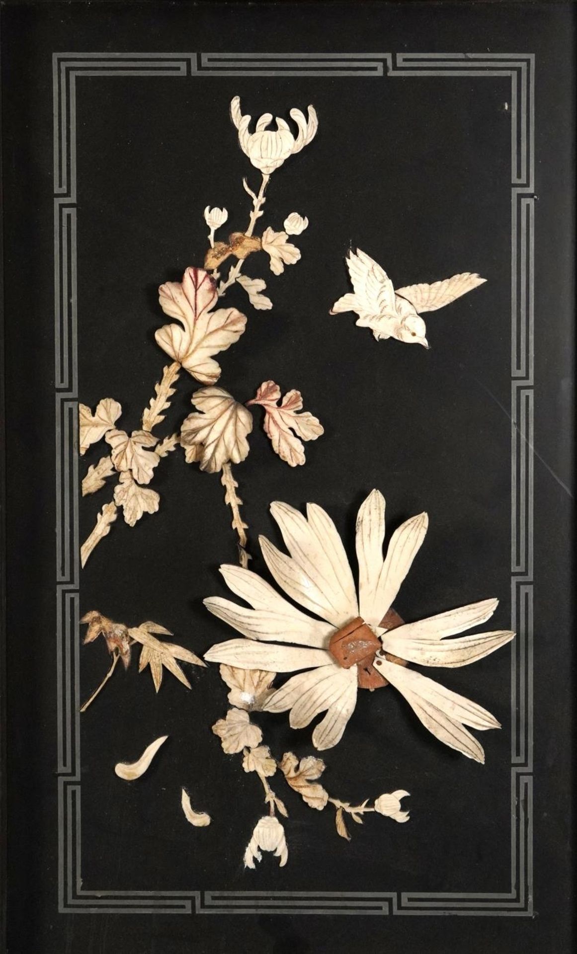 Pair of Japanese lacquered panels with bone inlay housed in carved hardwood frames, each panel - Image 2 of 7