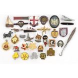 Vintage and later badges, mostly enamelled and an advertising button including HMS Raleigh, RSPCA