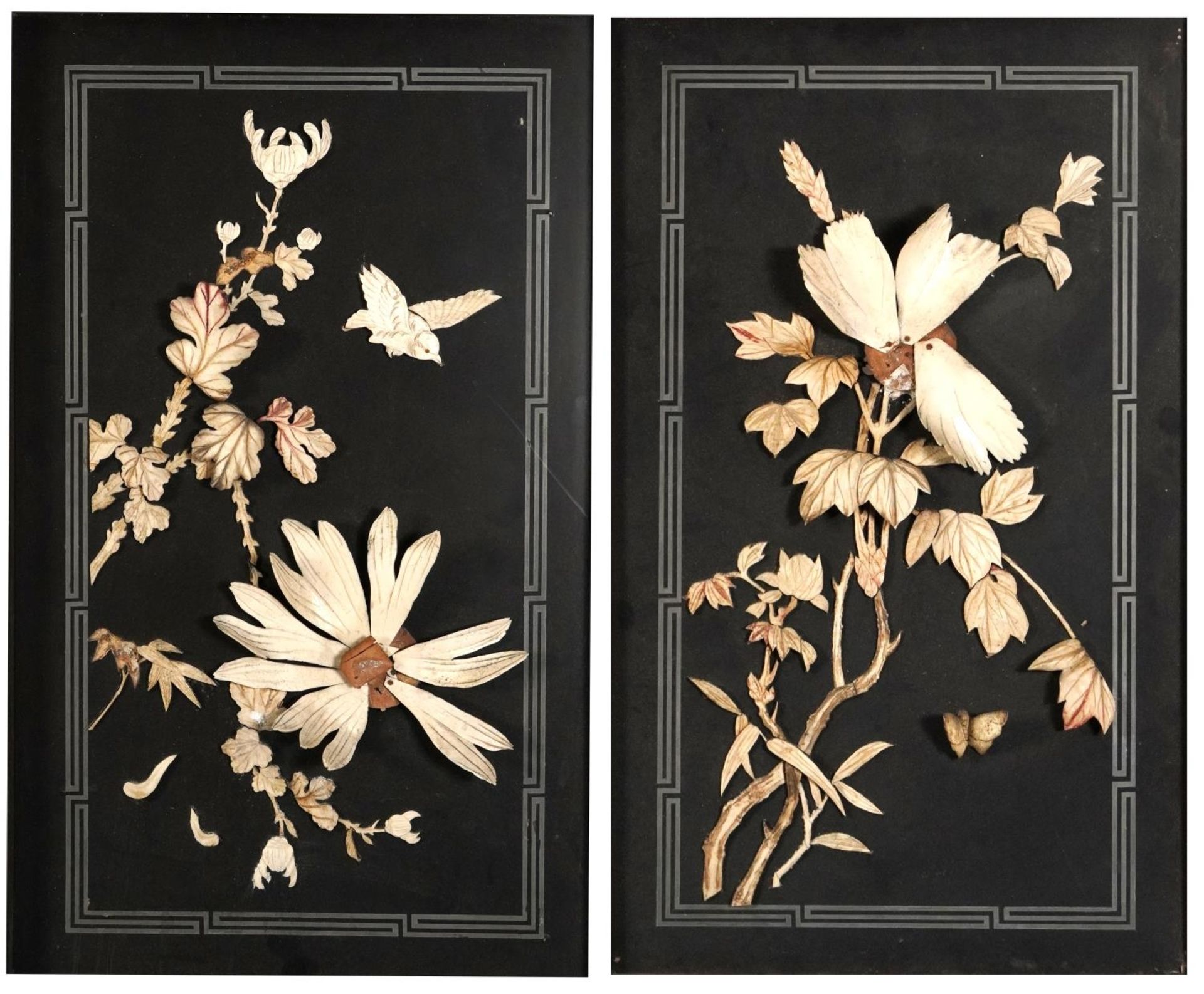 Pair of Japanese lacquered panels with bone inlay housed in carved hardwood frames, each panel