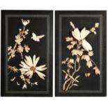 Pair of Japanese lacquered panels with bone inlay housed in carved hardwood frames, each panel