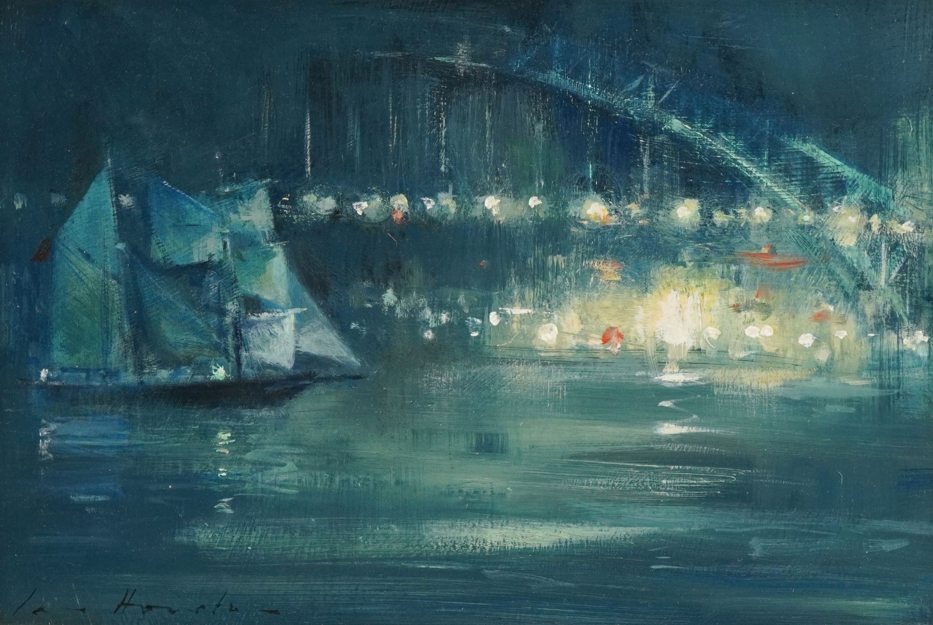 Ian Houston - Sydney Harbour, Nocturne, oil on board, Polak Gallery, London and inscribed label