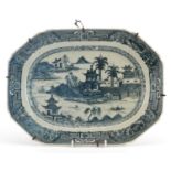 Chinese blue and white porcelain platter hand painted with pagodas and junks a river landscape, 33cm