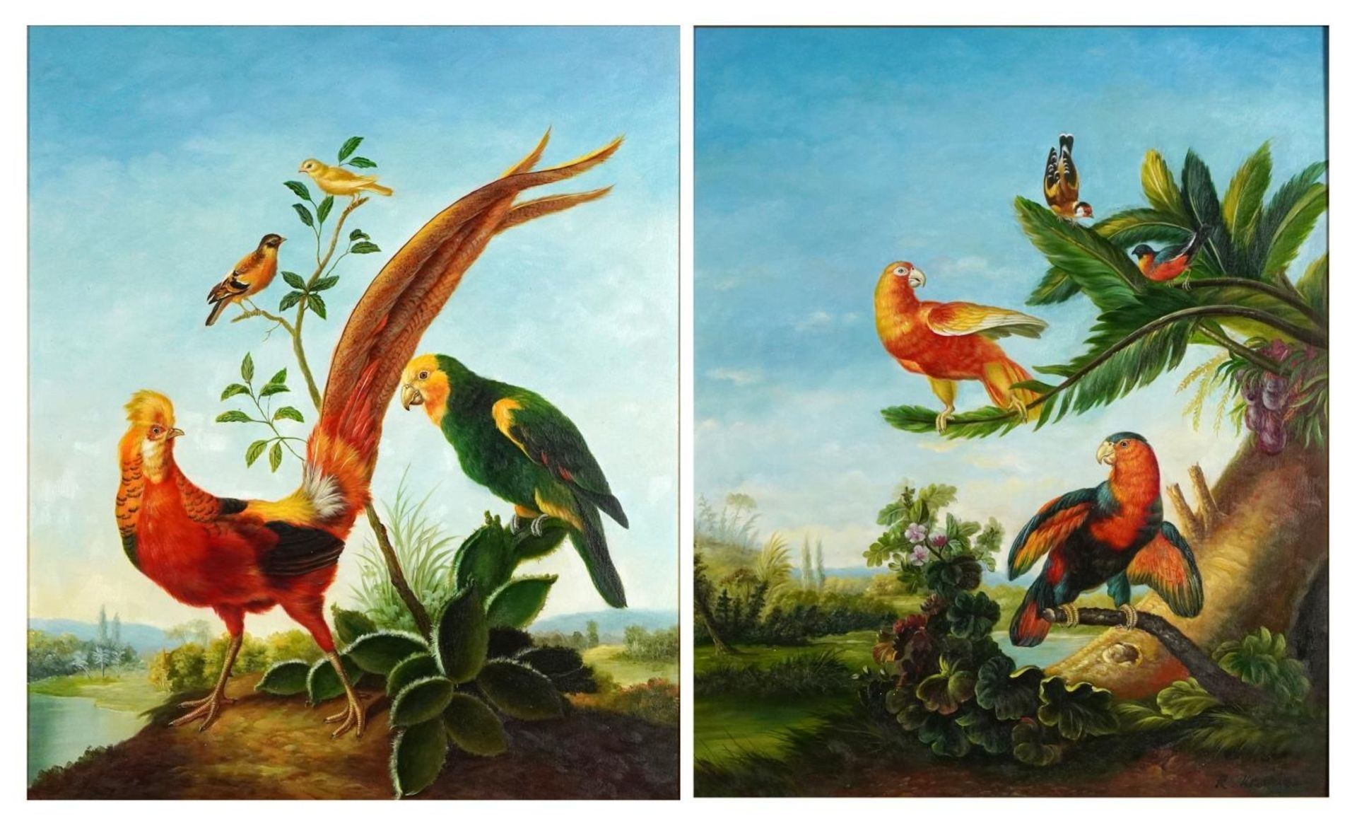 Birds of paradise before landscapes, pair of Old Master style oil on canvasses, each indistinctly