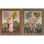 Pair of needlework tapestries depicting figures picking apples, housed in ornate gilt frames, each