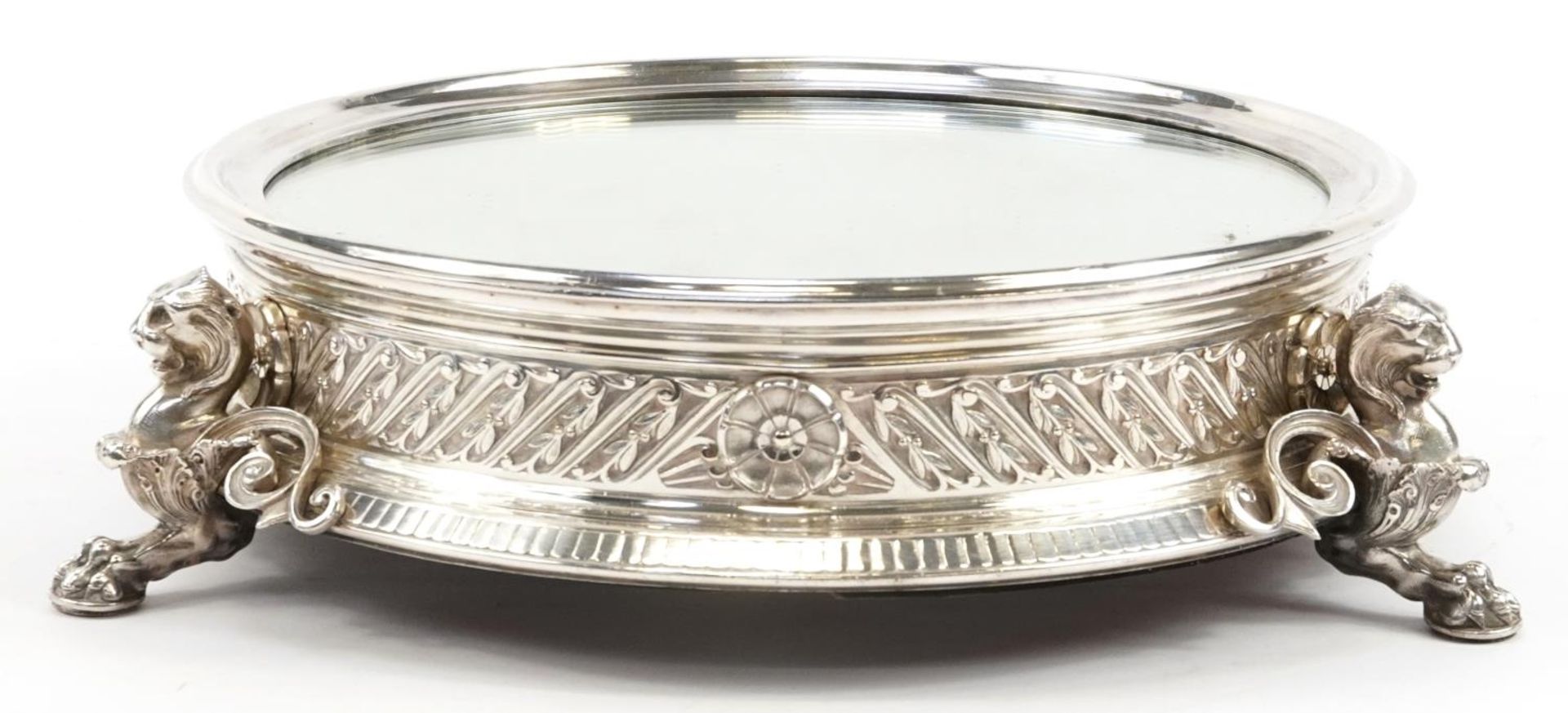 Elkington & Co, good Victorian silver plated mirrored cake stand with three lion design supports - Image 2 of 7