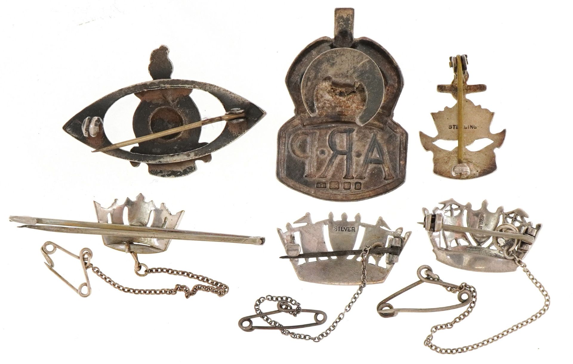 Five silver military interest sweetheart brooches and a silver ARP badge, some enamelled, the - Image 2 of 3